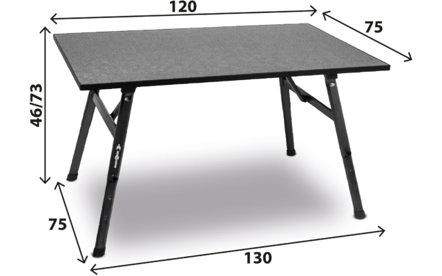 Rechteckiger Tisch mit dunkler Platte auf vier schwarzen Metallbeinen, Maßangaben und Pfeile mit den Zahlen 120, 75, 46/73, 75 und 130, Schatten darunter, weißer Hintergrund