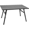 Rechteckiger Campingtisch mit grauer Tischplatte und schwarzen, klappbaren Metallbeinen