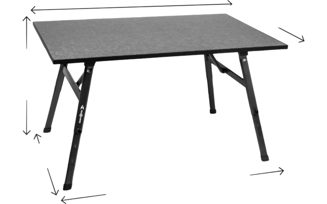 Rechteckiger Tisch mit dunkler Platte auf vier schwarzen Metallbeinen, Maßangaben und Pfeile mit den Zahlen 120, 75, 46/73, 75 und 130, Schatten darunter, weißer Hintergrund