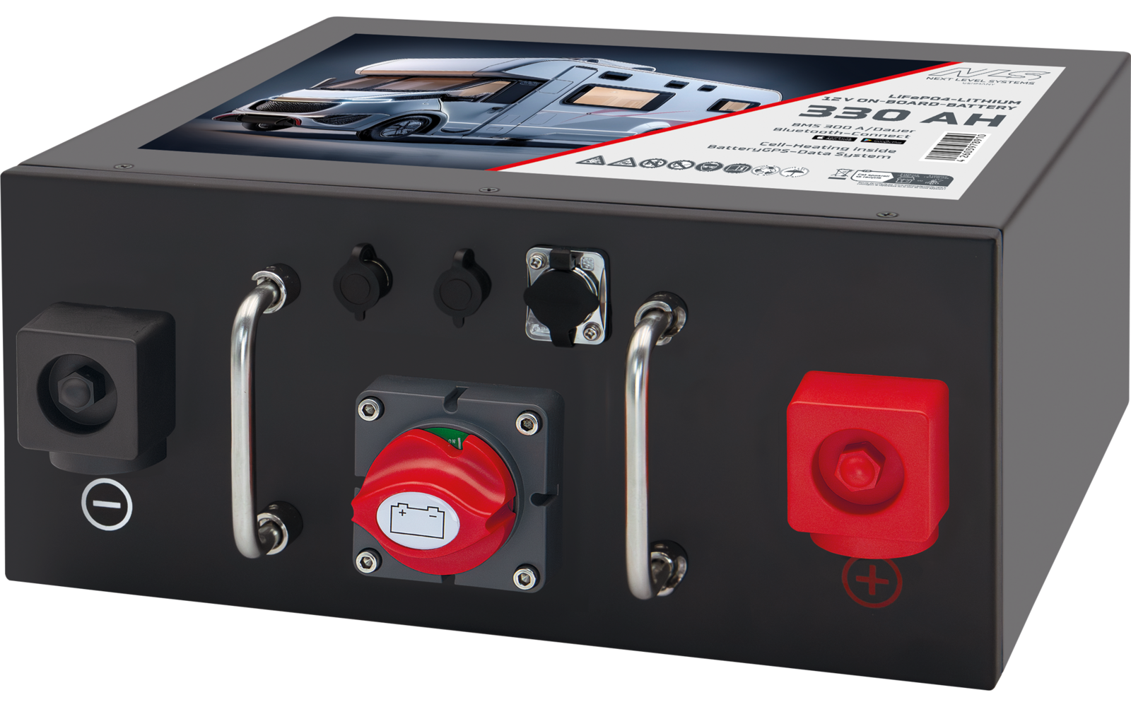 Schwarzer rechteckiger Metallkasten mit Aufkleber oben, zwei Metallgriffe, mittig roter Drehschalter mit weißem Batterie-Symbol, zwei schwarze Knöpfe darüber, links schwarzer Minus-Anschluss, rechts roter Plus-Anschluss