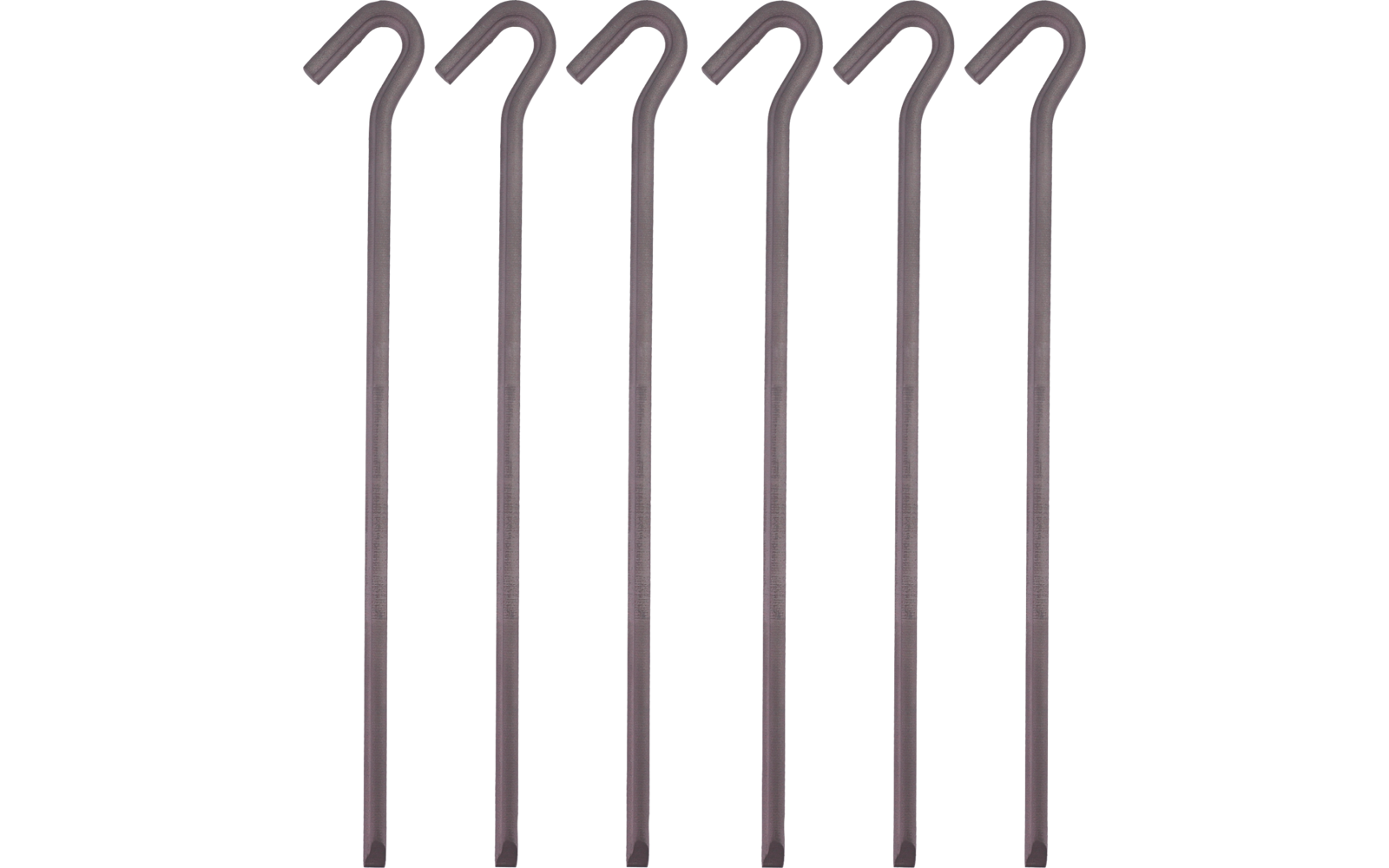 Six gray metal rods with hooked tops arranged side by side on a white background