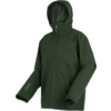 Donkergroene capuchonjas met gesloten ritssluiting aan de voorkant, lange mouwen, zichtbare capuchon, klein logo-patch op de mouw en tekst op de mouwzoom