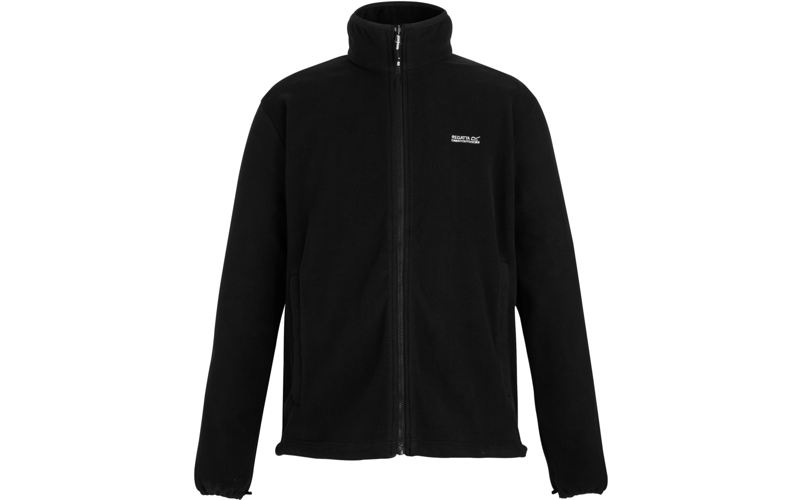Zwarte jas met volledige ritssluiting, hoge opstaande kraag, lange mouwen, elastische manchetten, klein wit logo op de linkerborst en zijzakken