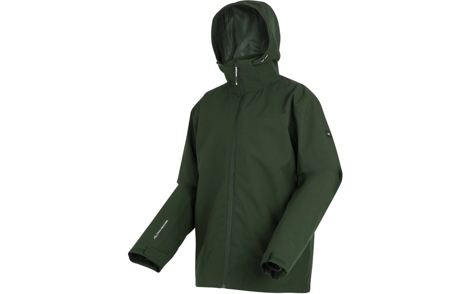 Donkergroene capuchonjas met gesloten ritssluiting aan de voorkant, lange mouwen, zichtbare capuchon, klein logo-patch op de mouw en tekst op de mouwzoom