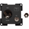 Schwarzes rechteckiges Anschlussmodul mit 12V-Steckdose (120W) links, TV-Koaxbuchse rechts und separatem Koaxadapter neben dem Modul