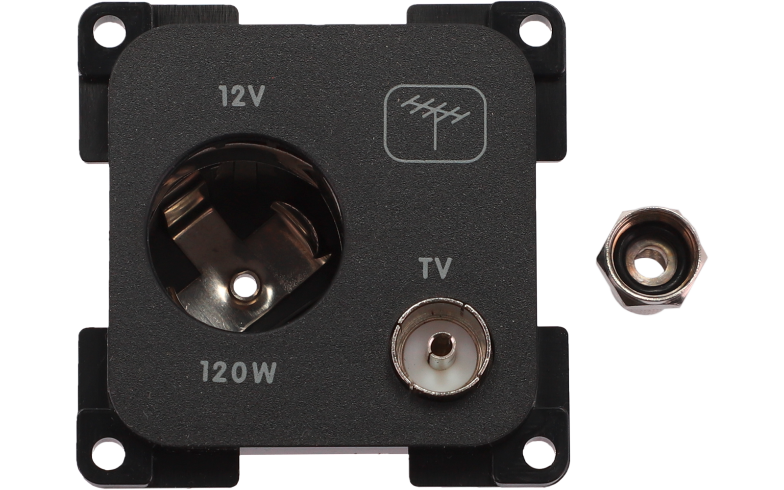 Schwarzes rechteckiges Anschlussmodul mit 12V-Steckdose (120W) links, TV-Koaxbuchse rechts und separatem Koaxadapter neben dem Modul