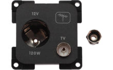 Schwarzes rechteckiges Anschlussmodul mit 12V-Steckdose (120W) links, TV-Koaxbuchse rechts und separatem Koaxadapter neben dem Modul