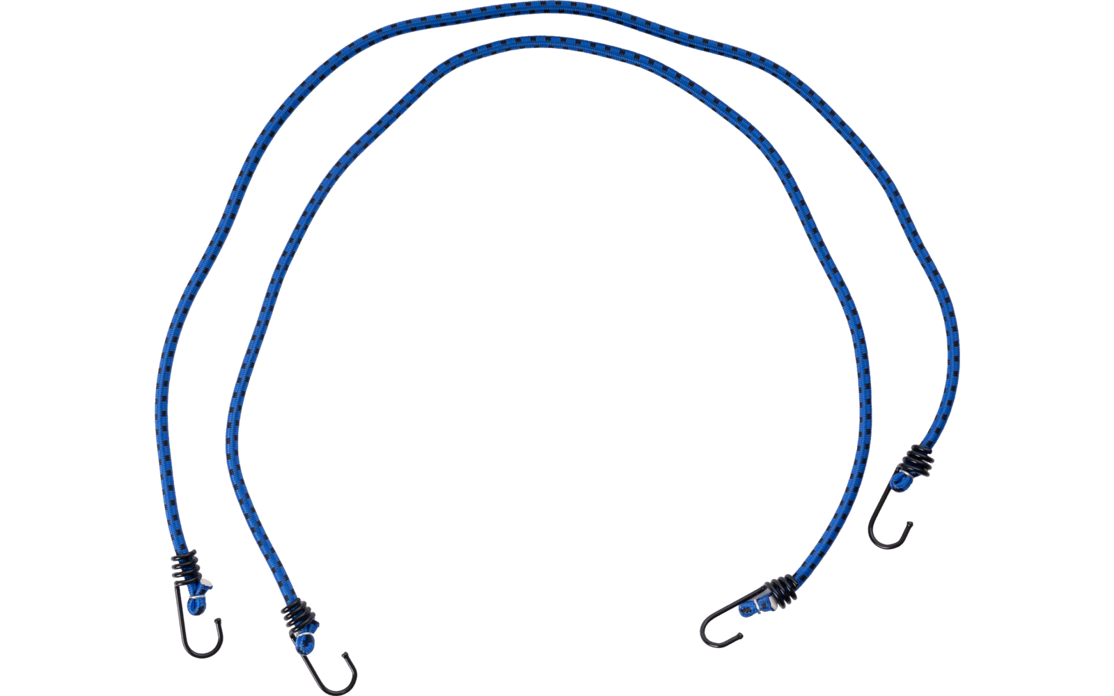 Zwei blaue elastische Seile mit schwarzen Haken an den Enden auf weißem Hintergrund