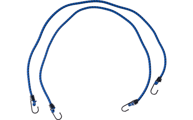 Zwei blaue elastische Seile mit schwarzen Haken an den Enden auf weißem Hintergrund