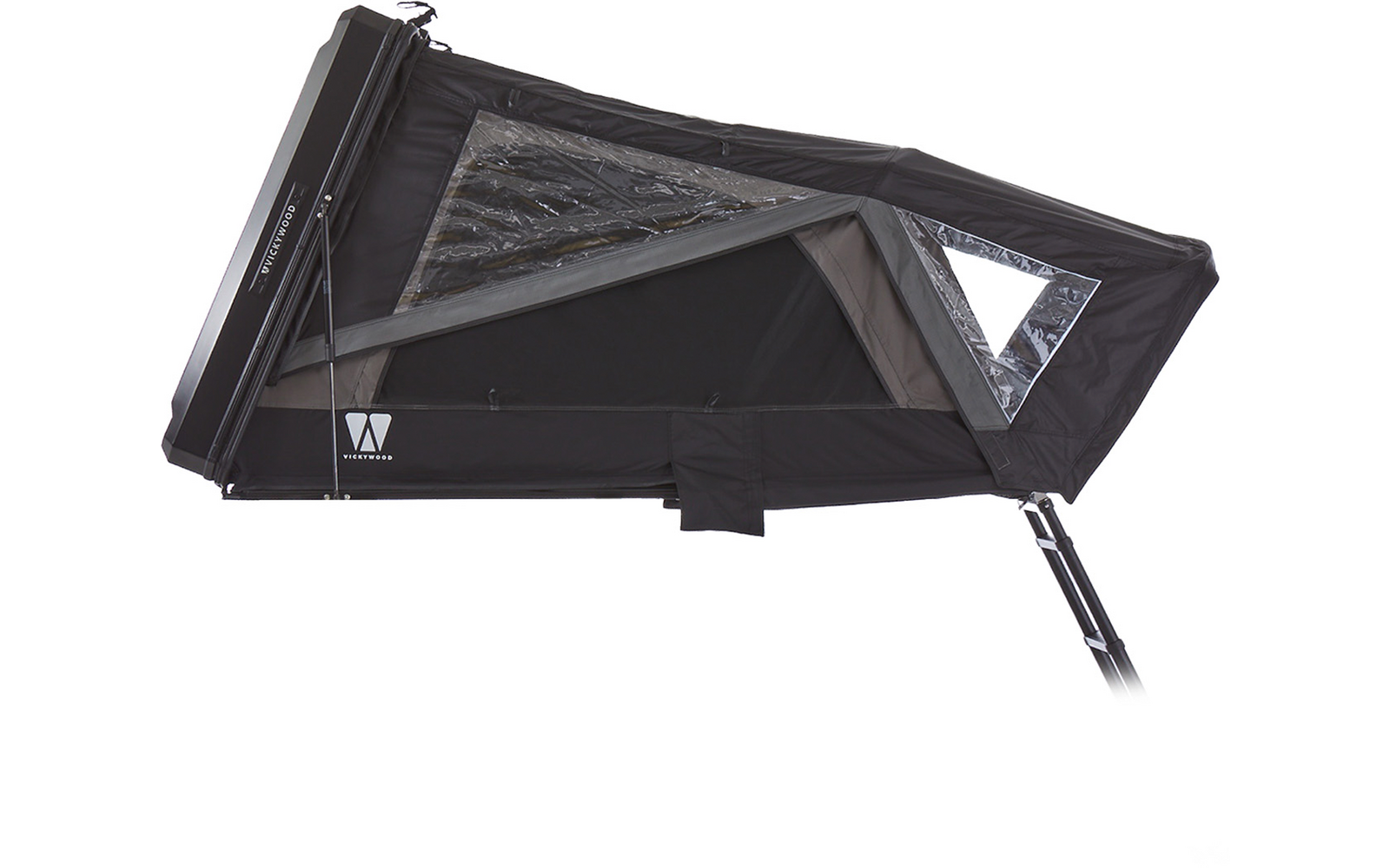 Aufgeklapptes schwarzes Dachzelt auf rechteckiger Basis, dreieckiges durchsichtiges Fenster mit Reißverschluss, sichtbare Nähte, Metallstützen oben, Teleskopleiter rechts, weißes "W"-Logo an der Seite