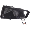 Black rooftop tent open, silver inner lining, triangular transparent window, extended ladder, hard-shell case