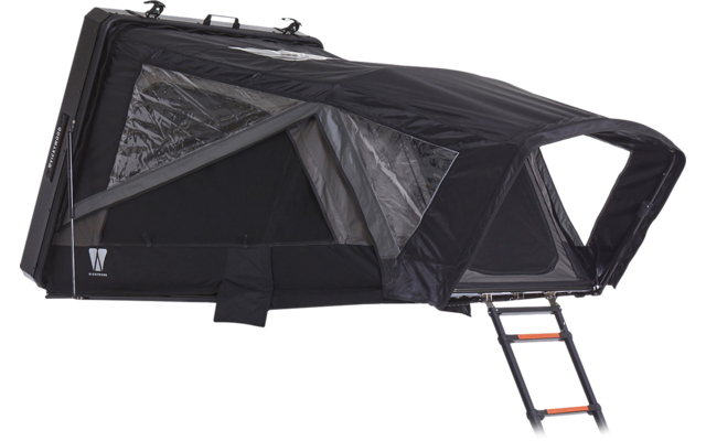Black rooftop tent open, silver inner lining, triangular transparent window, extended ladder, hard-shell case