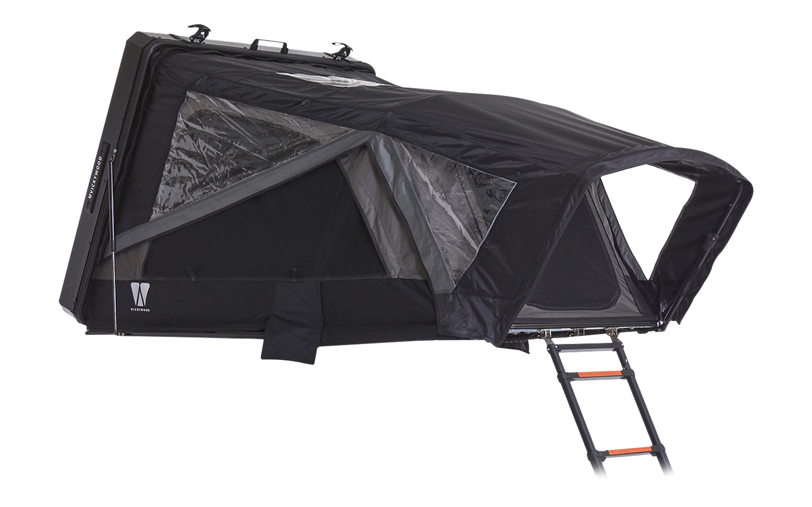 Black rooftop tent open, silver inner lining, triangular transparent window, extended ladder, hard-shell case