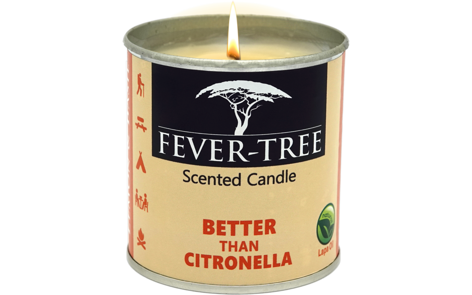 Eine brennende Duftkerze in einer Dose mit der Aufschrift 'Fever-Tree Better Than Citronella'