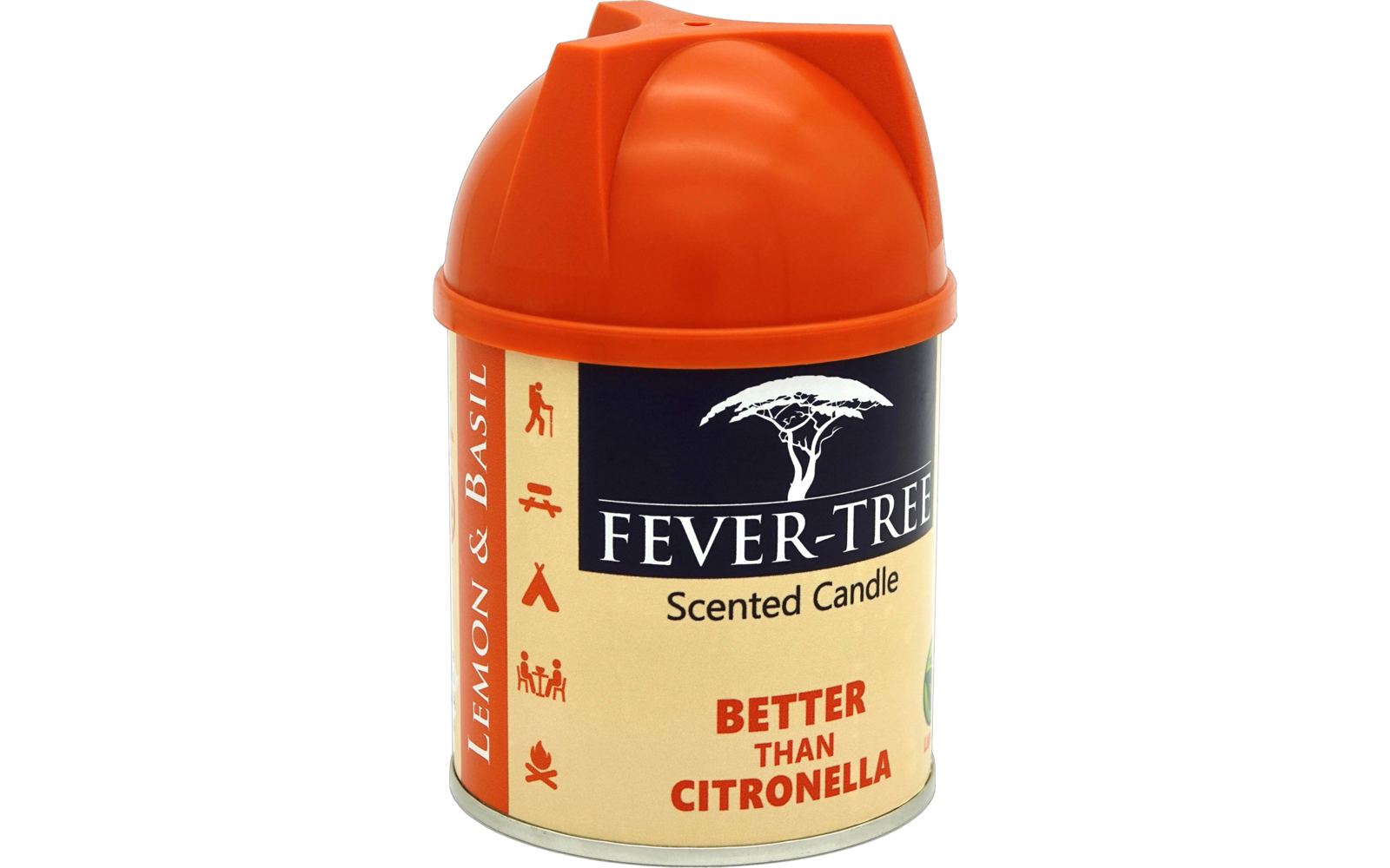 Rote Plastikflasche mit orangefarbenem Verschluss und Aufschrift Fever-Tree Better Bitter Citronella