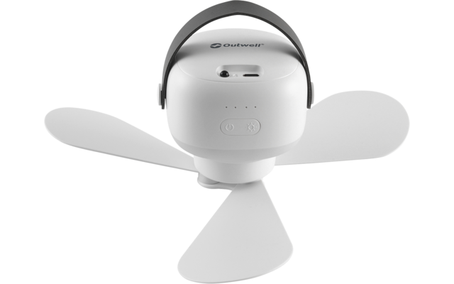 Weißes tragbares Gerät mit drei Flügeln, rundem Gehäuse, Tragegriff oben, zwei Knöpfen und drei kleinen LED‑Leuchten, Schriftzug 'Outwell' auf der Oberseite