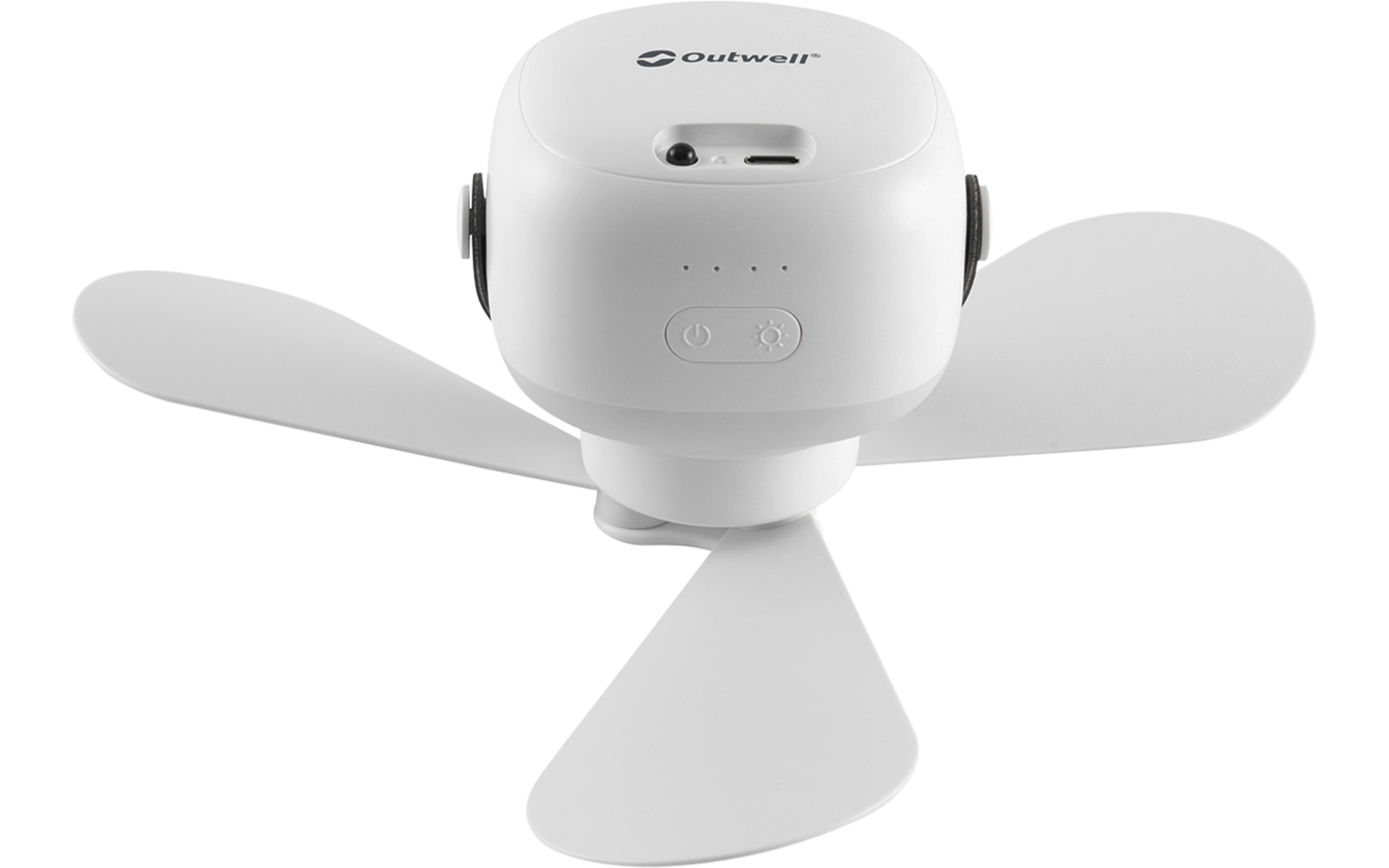 Weißes Gerät mit rundem Gehäuse und drei breiten, gebogenen Flügeln; auf der Oberseite sichtbare Öffnung, drei kleine LED-Punkte und zwei Tasten