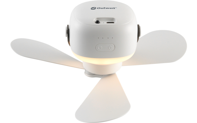 Weißer Ventilator mit drei Flügeln und leuchtendem Ring, Markenlogo oben