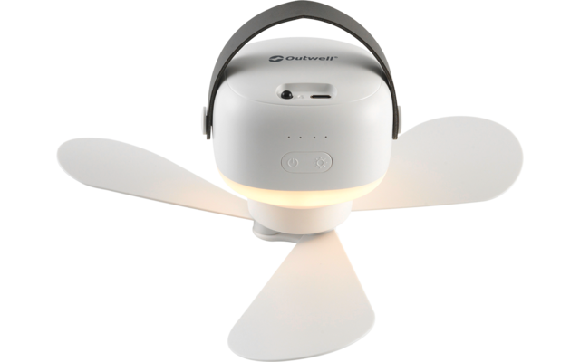 Weißes rundes Gerät mit drei Flügeln, Tragegriff oben, 'Outwell'-Logo, Tasten und drei kleine Anzeigen, leuchtender Lichtkranz darunter