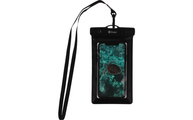Schwarze wasserdichte Smartphone-Hülle mit Trageschlaufe; im Display eine Meeresschildkröte über Korallen im blauen Wasser