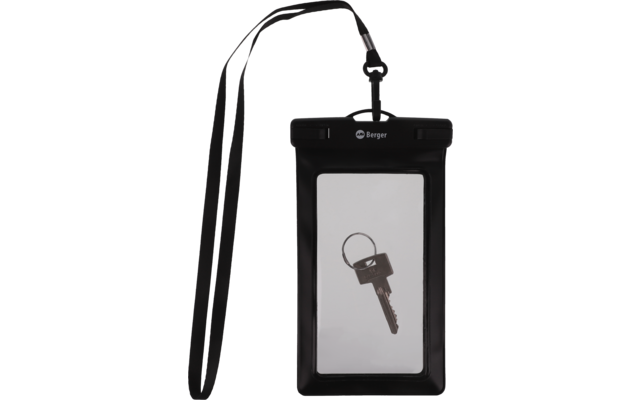 Schwarze Schutzhülle mit schwarzem Trageband; im transparenten Fenster ein einzelner silberner Schlüssel auf weißem Hintergrund