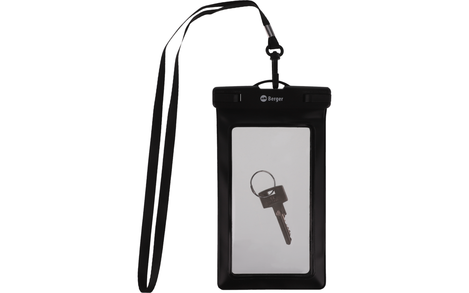 Schwarze Schutzhülle mit schwarzem Trageband; im transparenten Fenster ein einzelner silberner Schlüssel auf weißem Hintergrund