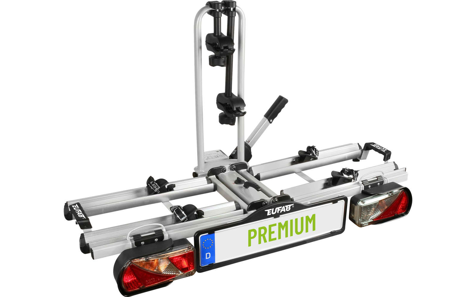 Metallener Fahrradträger mit vertikaler Halterung, Rahmenklemmen, Nummernschild mit Aufschrift "PREMIUM" und zwei Rücklichtern