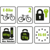 Sechs quadratische Piktogramme: 1) Fahrrad mit Steckersymbol und Text 'E-Bike'; 2) Fahrrad mit großer Zahl '2'; 3) Vorhängeschloss mit Schlüssel; 4) Gewichtssymbol (Koffer) mit Text '60 kg MAX.' und 'Max. Nutzlast'; 5) Gepäck-/Gewichtssymbol mit Text