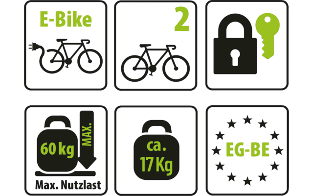 Sechs quadratische Piktogramme: 1) Fahrrad mit Steckersymbol und Text 'E-Bike'; 2) Fahrrad mit großer Zahl '2'; 3) Vorhängeschloss mit Schlüssel; 4) Gewichtssymbol (Koffer) mit Text '60 kg MAX.' und 'Max. Nutzlast'; 5) Gepäck-/Gewichtssymbol mit Text