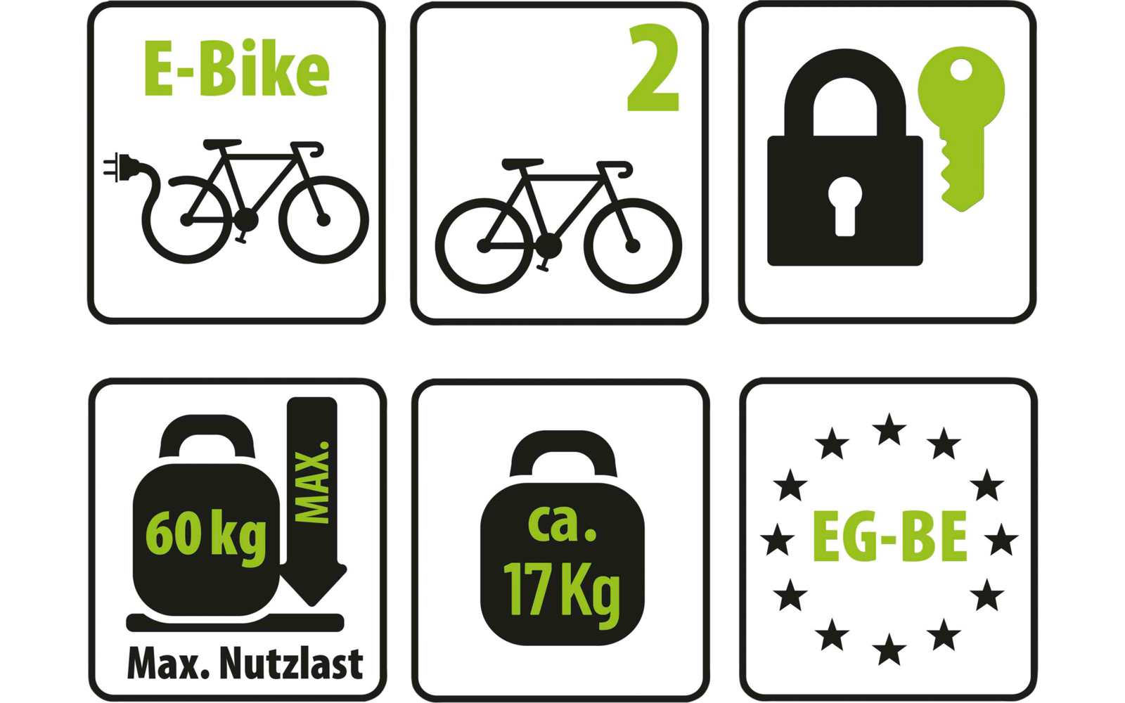 Sechs quadratische Piktogramme: 1) Fahrrad mit Steckersymbol und Text 'E-Bike'; 2) Fahrrad mit großer Zahl '2'; 3) Vorhängeschloss mit Schlüssel; 4) Gewichtssymbol (Koffer) mit Text '60 kg MAX.' und 'Max. Nutzlast'; 5) Gepäck-/Gewichtssymbol mit Text