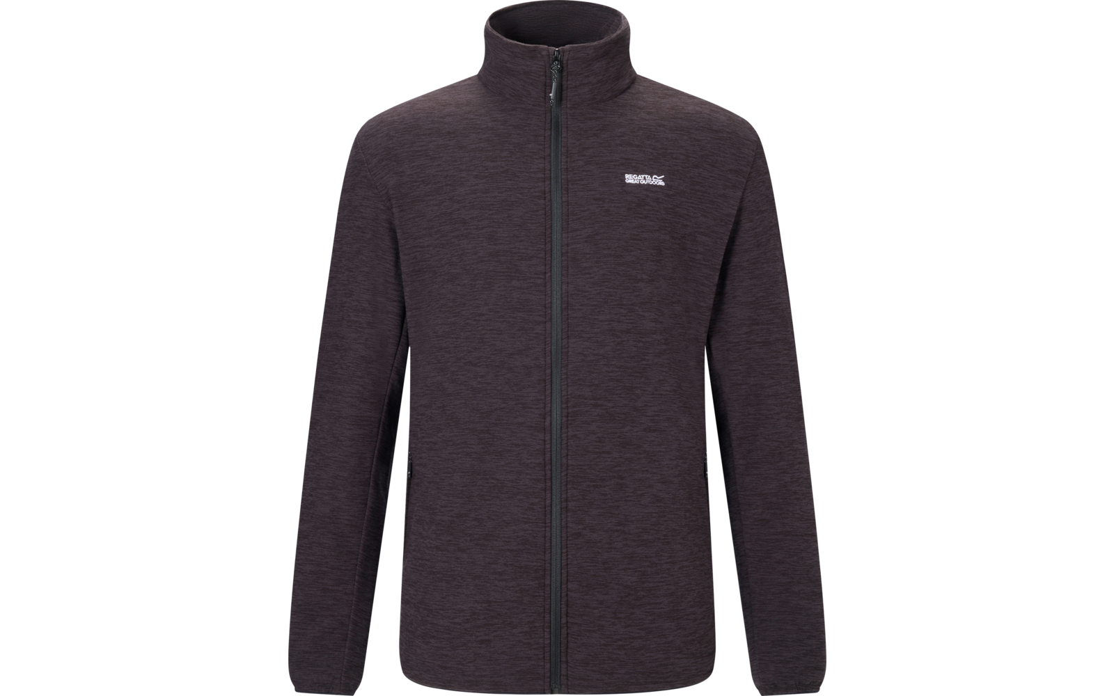 Dunkelgraue melierte Jacke mit durchgehendem Reißverschluss, Stehkragen, kleinem weißen Logo auf linker Brust, zwei seitlichen Reißverschlusstaschen, Vorderansicht vor weißem Hintergrund
