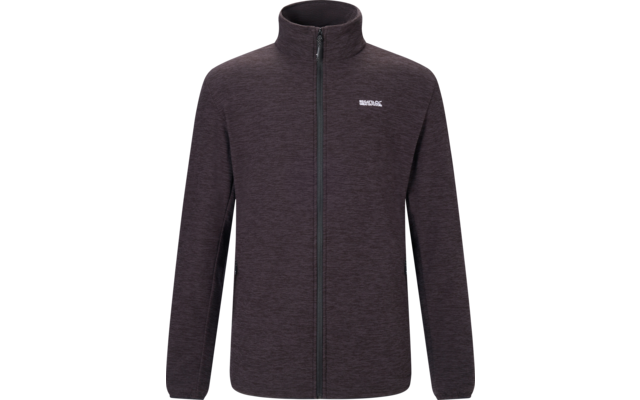 Dunkelgraue melierte Jacke mit durchgehendem Reißverschluss, Stehkragen, kleinem weißen Logo auf linker Brust, zwei seitlichen Reißverschlusstaschen, Vorderansicht vor weißem Hintergrund