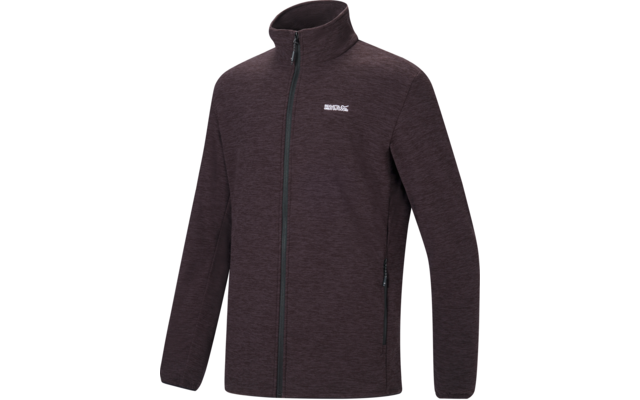 Dunkelbraune, durchgehende Reißverschlussjacke mit Stehkragen, zwei seitlichen Reißverschlusstaschen und kleinem weißen Logo auf der linken Brust