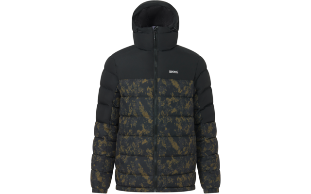 Schwarze gesteppte Kapuzenjacke mit durchgehendem Reißverschluss, unterer Bereich und Ärmel mit dunkelgrün‑goldenem marmoriertem Muster, kleines weißes Logo auf der Brust