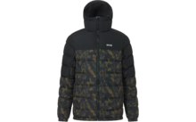 Schwarze gesteppte Kapuzenjacke mit durchgehendem Reißverschluss, unterer Bereich und Ärmel mit dunkelgrün‑goldenem marmoriertem Muster, kleines weißes Logo auf der Brust