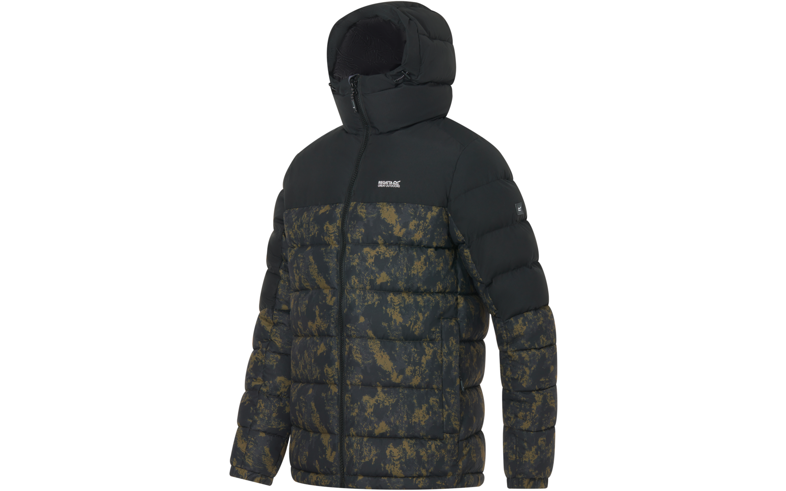 Schwarze gesteppte Jacke mit Kapuze, Reißverschluss, kleinem weißen Logo auf der Brust und dunkelgrün-goldenem Camouflage-Muster am Unterkörper und an den Ärmeln