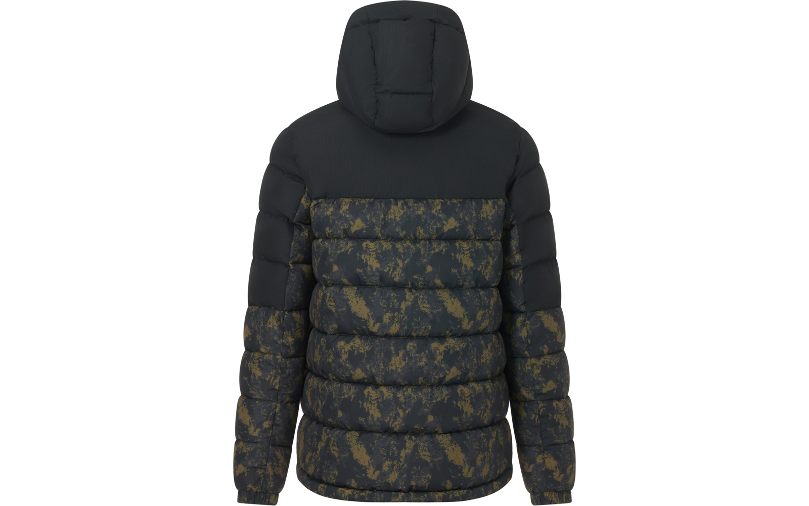 Rückenansicht einer gesteppten Kapuzenjacke in Schwarz mit oliv-khaki Camouflage-Muster auf Rücken und Ärmeln
