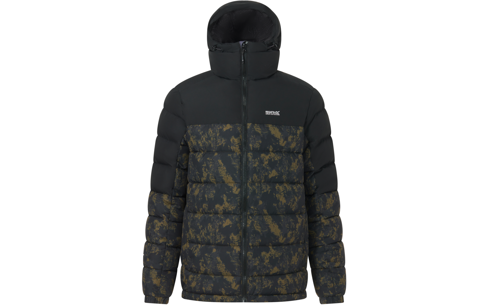 Schwarze gesteppte Kapuzenjacke mit durchgehendem Reißverschluss, unterer Bereich und Ärmel mit dunkelgrün‑goldenem marmoriertem Muster, kleines weißes Logo auf der Brust