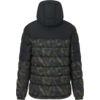 Rückenansicht einer gesteppten Kapuzenjacke in Schwarz mit oliv-khaki Camouflage-Muster auf Rücken und Ärmeln