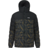 Schwarze gesteppte Kapuzenjacke mit durchgehendem Reißverschluss, unterer Bereich und Ärmel mit dunkelgrün‑goldenem marmoriertem Muster, kleines weißes Logo auf der Brust