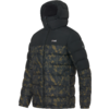 Schwarze gesteppte Jacke mit Kapuze, Reißverschluss, kleinem weißen Logo auf der Brust und dunkelgrün-goldenem Camouflage-Muster am Unterkörper und an den Ärmeln