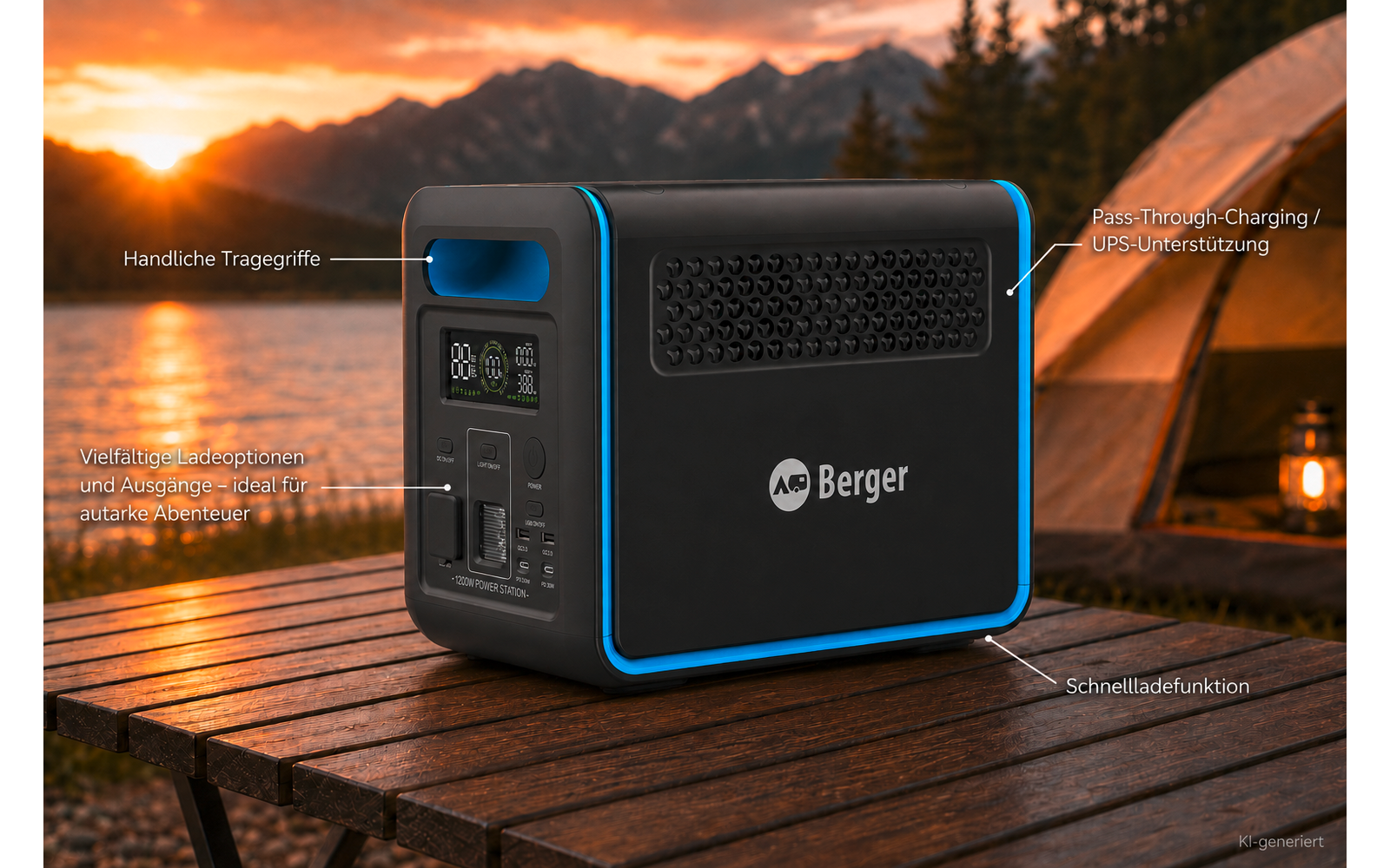 Schwarz-blaues tragbares Powerstation-Gerät mit Display, mehreren Steckdosen und Lüftungsgitter auf einem Holztisch; im Hintergrund Zelt, Lampe, Bergkette und Sonnenuntergang