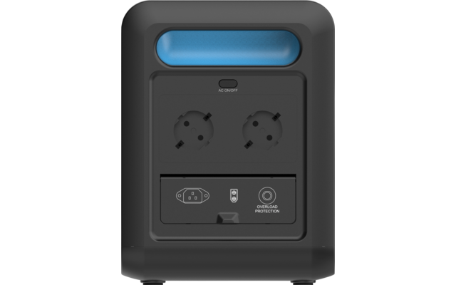 Schwarzes rechteckiges Gerät, blaues Leuchtfeld oben, zwei runde Steckdosen, kleiner Schalter mit Beschriftung "AC ON/OFF", Anschlussfeld unten mit Symbolen und Aufdruck "OVERLOAD PROTECTION"