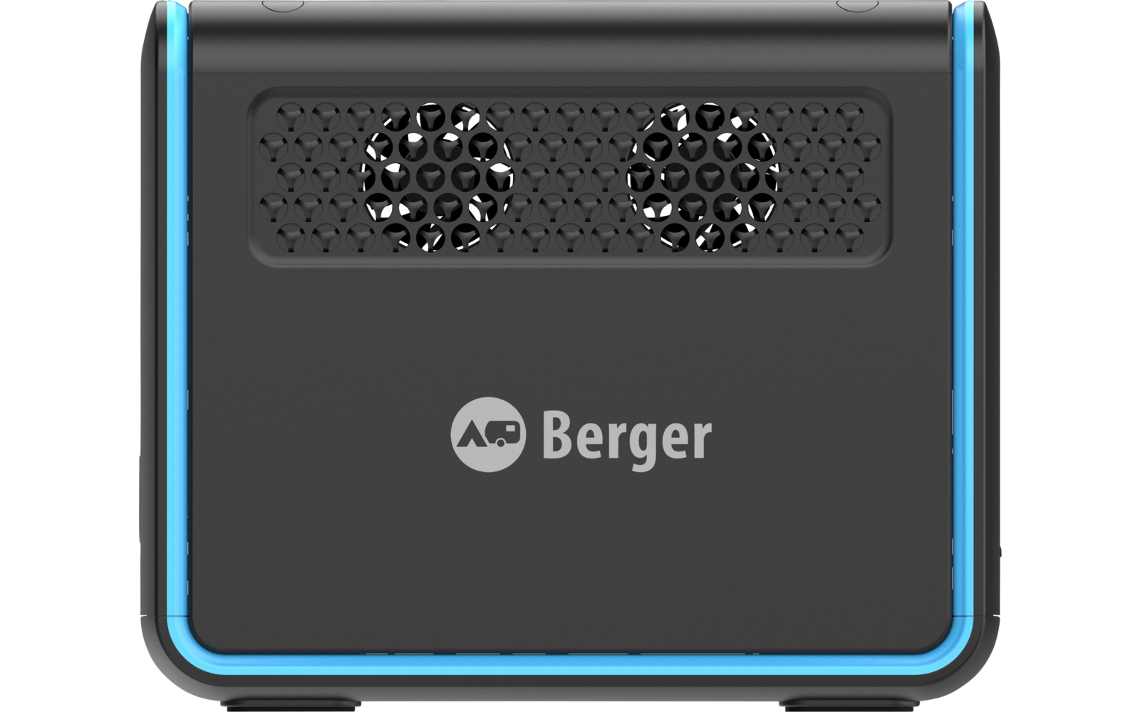 Schwarzes rechteckiges Gerät mit blauem Rand, oben zwei runde Öffnungen mit Wabengitter, mittig Schriftzug Berger und rundes Logo links davon
