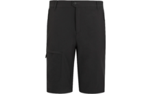 Short noir mi‑cuisse, taille avec bouton et braguette, deux poches latérales zippées, poche appliquée sur la cuisse, vue de face