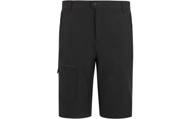 Schwarze knielange Shorts, Taillenbund mit Knopf und Reißverschluss, zwei seitliche Reißverschlusstaschen, aufgesetzte Oberschenkeltasche, Frontalansicht