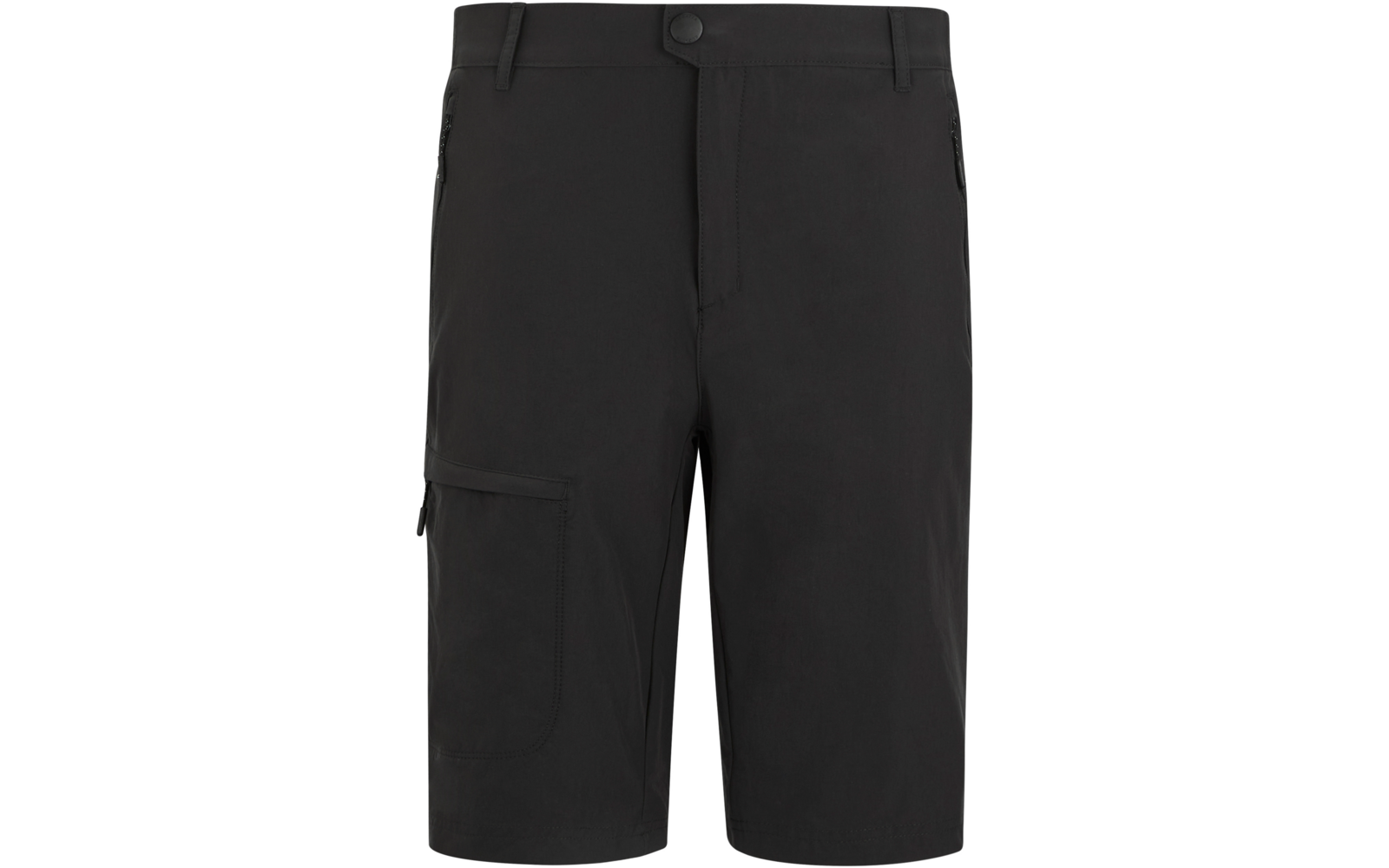 Schwarze knielange Shorts, Taillenbund mit Knopf und Reißverschluss, zwei seitliche Reißverschlusstaschen, aufgesetzte Oberschenkeltasche, Frontalansicht