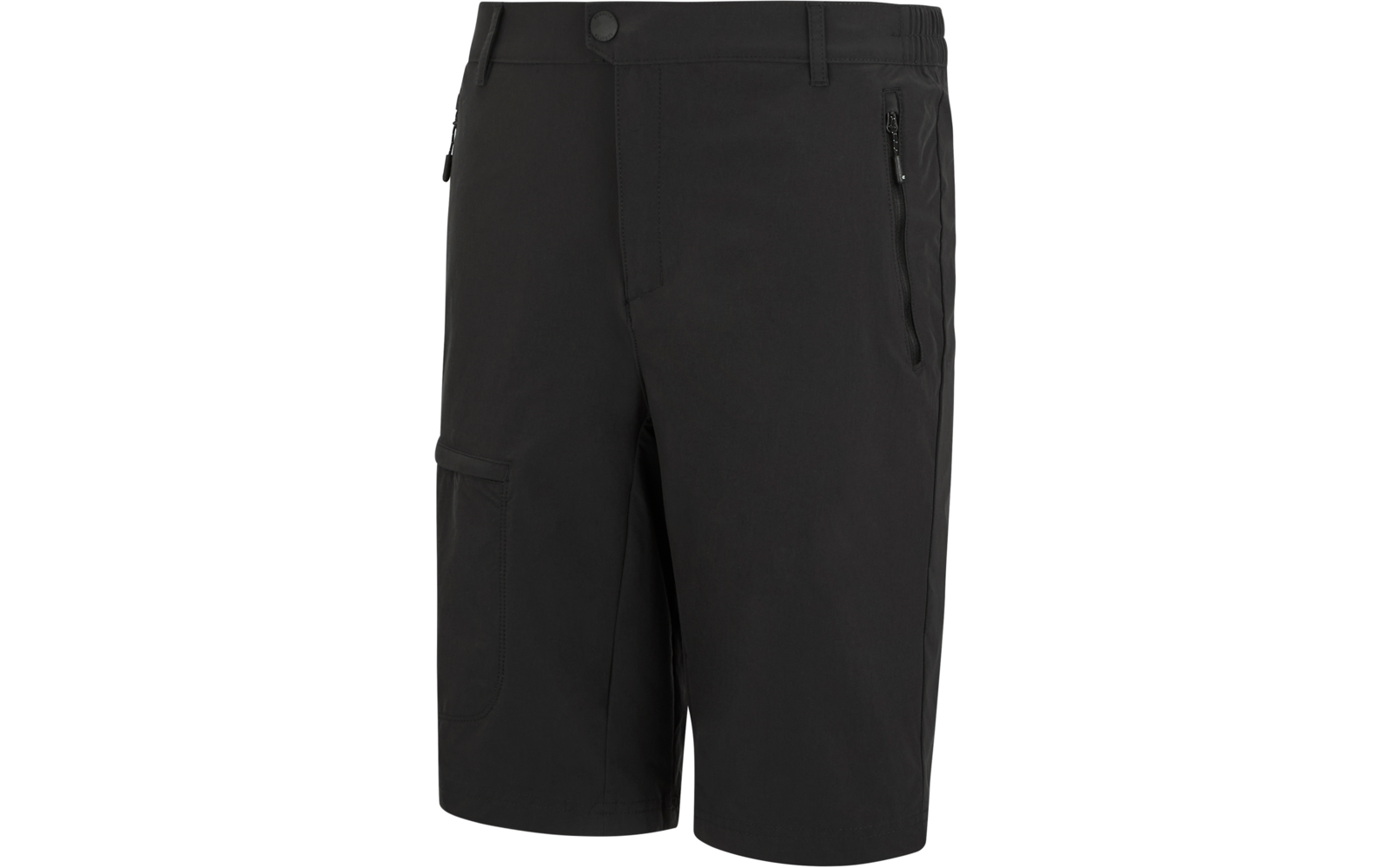 Schwarze knielange Shorts mit Knopfverschluss, Gürtelschlaufen, Reißverschlusstasche rechts und aufgesetzter Seitentasche am linken Bein