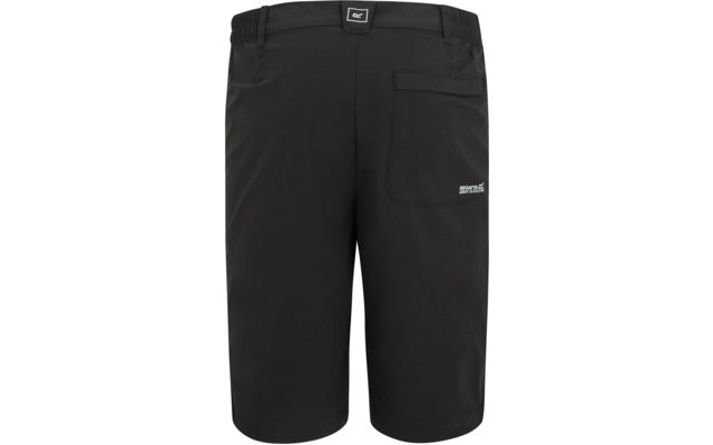 Schwarze knielange Shorts, Rückansicht, elastischer Bund mit kleinem Label, aufgesetzte Tasche rechts