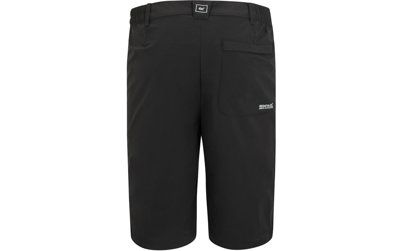 Schwarze knielange Shorts, Rückansicht, elastischer Bund mit kleinem Label, aufgesetzte Tasche rechts